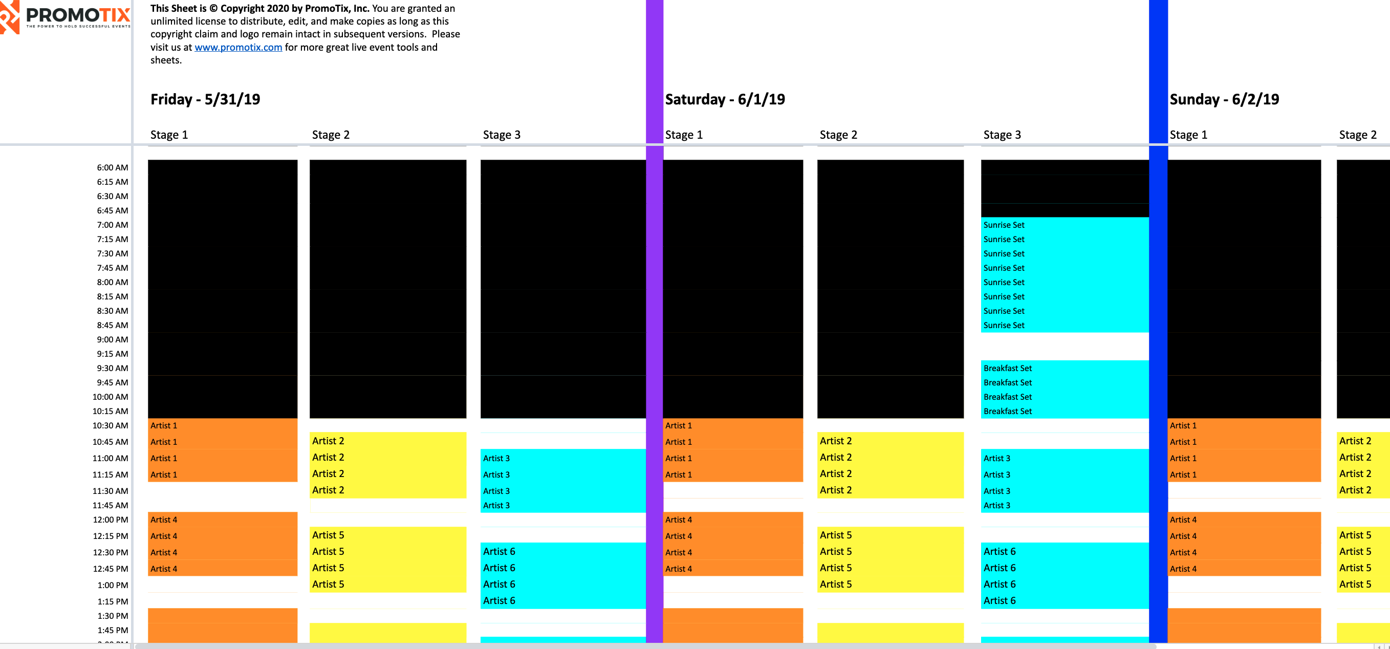 Music festival store calendar